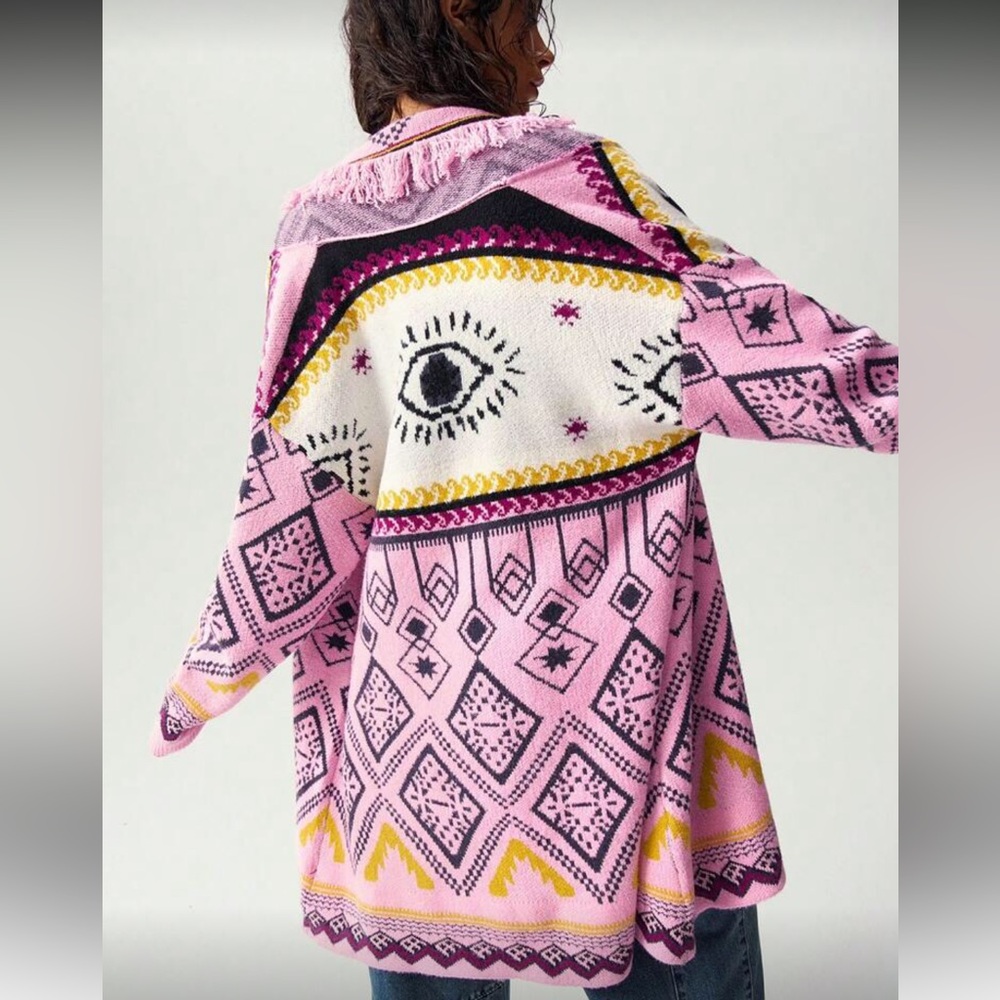 Floral boho knit fringe cardigan sweater Pink Patterned Hooded Cardigan - Picture 3 of 5